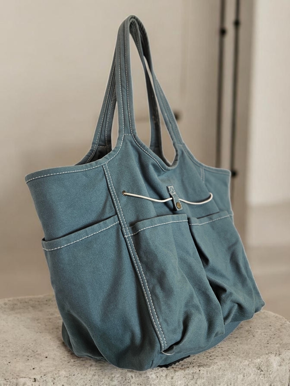 Restoration Hardware Canvas Shopper Tote OS Utility Pocket Travel Slate Blue